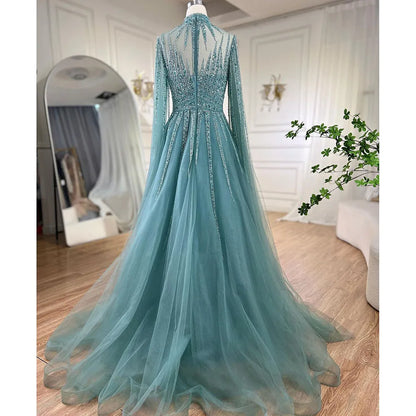 Luxury Arabic Turquoise A-Line Beaded Evening Dress with Cape LA72199 - SERENE HILL