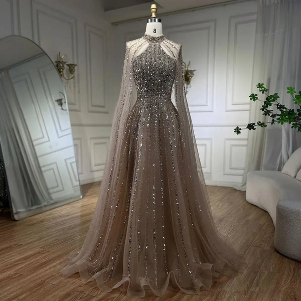 Luxury Turquoise A-Line Cape Sleeve Beaded Evening Dress Plus Size LA72306A