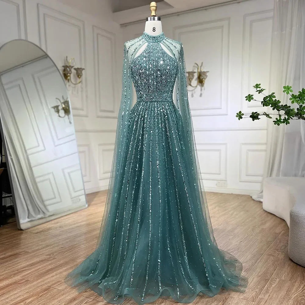 Luxury Turquoise A-Line Cape Sleeve Beaded Evening Dress Plus Size LA72306A - SERENE HILL