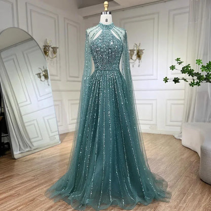Luxury Turquoise A-Line Cape Sleeve Beaded Evening Dress Plus Size LA72306A - SERENE HILL