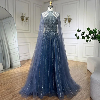 Luxury Turquoise A-Line Cape Sleeve Beaded Evening Dress Plus Size LA72306A - SERENE HILL