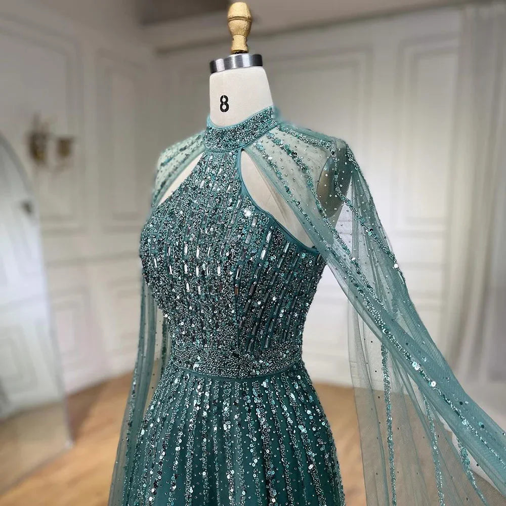 Luxury Turquoise A-Line Cape Sleeve Beaded Evening Dress Plus Size LA72306A - SERENE HILL