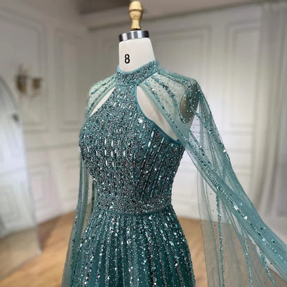 Luxury Turquoise A-Line Cape Sleeve Beaded Evening Dress Plus Size LA72306A - SERENE HILL
