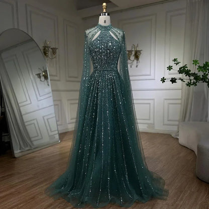 Luxury Turquoise A-Line Cape Sleeve Beaded Evening Dress Plus Size LA72306A - SERENE HILL