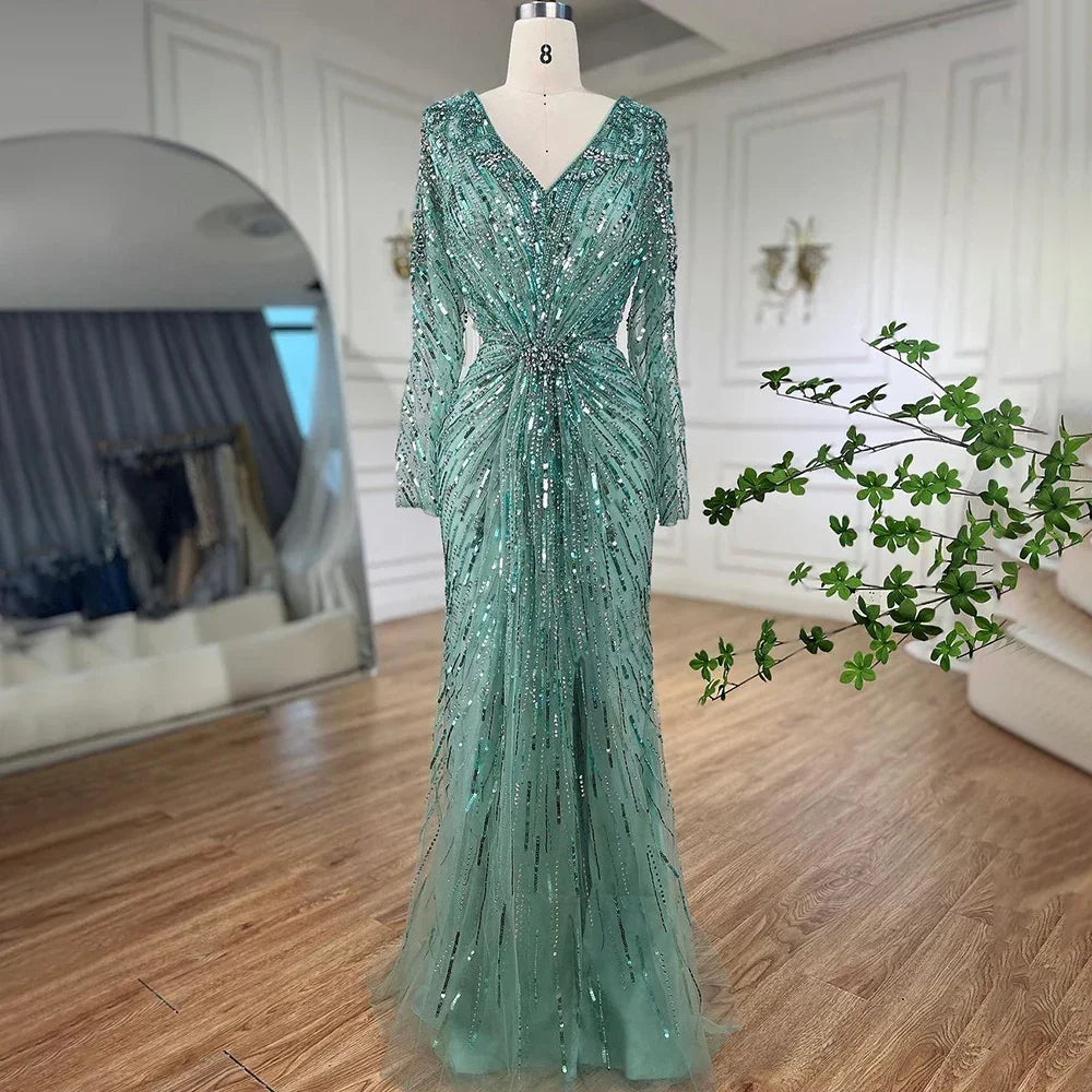 Luxury Designer Arabic Turquoise Mermaid Split Evening Dresses Gowns With LA72007 - SERENE HILL