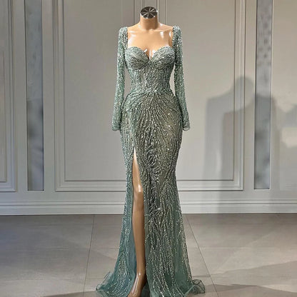 Serene Hill Arabic Turquoise Elegant Mermaid High Split Beaded Evening Dresses Gowns 2025 For Women Wedding Party LA72093 - SERENE HILL