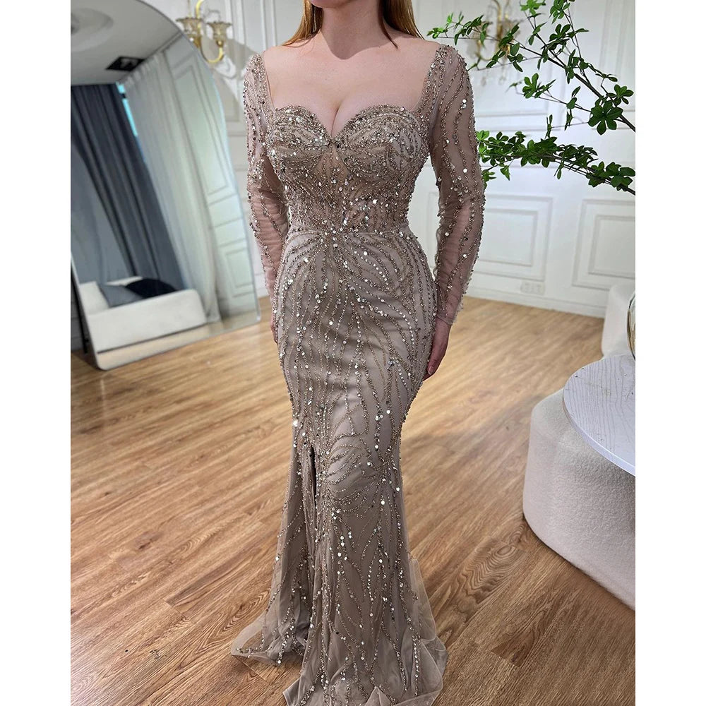 Serene Hill Arabic Turquoise Elegant Mermaid High Split Beaded Evening Dresses Gowns 2025 For Women Wedding Party LA72093 - SERENE HILL