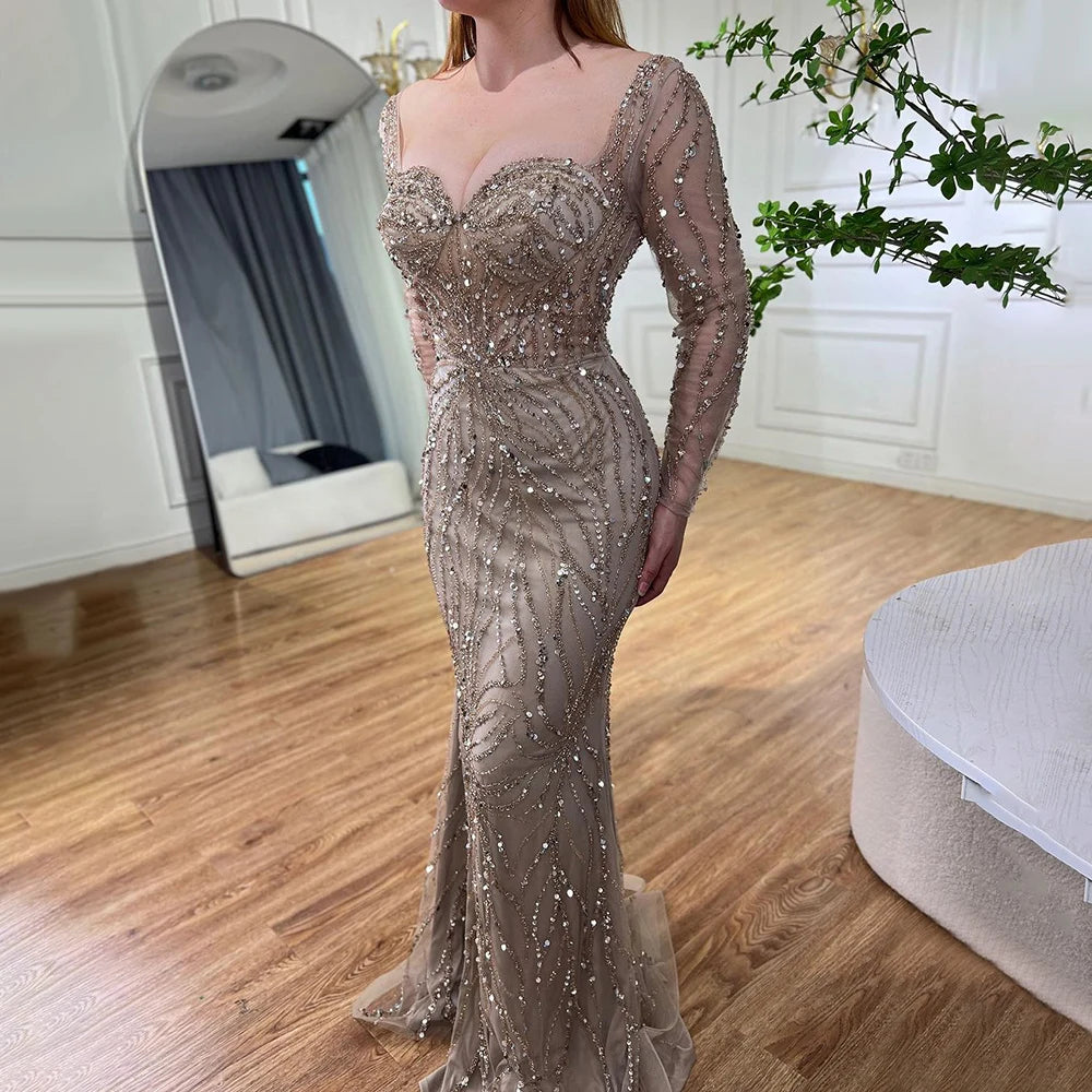 Serene Hill Arabic Turquoise Elegant Mermaid High Split Beaded Evening Dresses Gowns 2025 For Women Wedding Party LA72093 - SERENE HILL