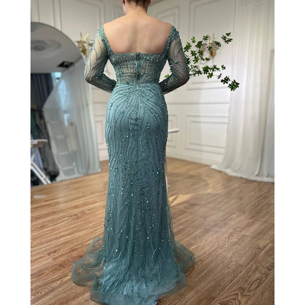 Serene Hill Arabic Turquoise Elegant Mermaid High Split Beaded Evening Dresses Gowns 2025 For Women Wedding Party LA72093 - SERENE HILL