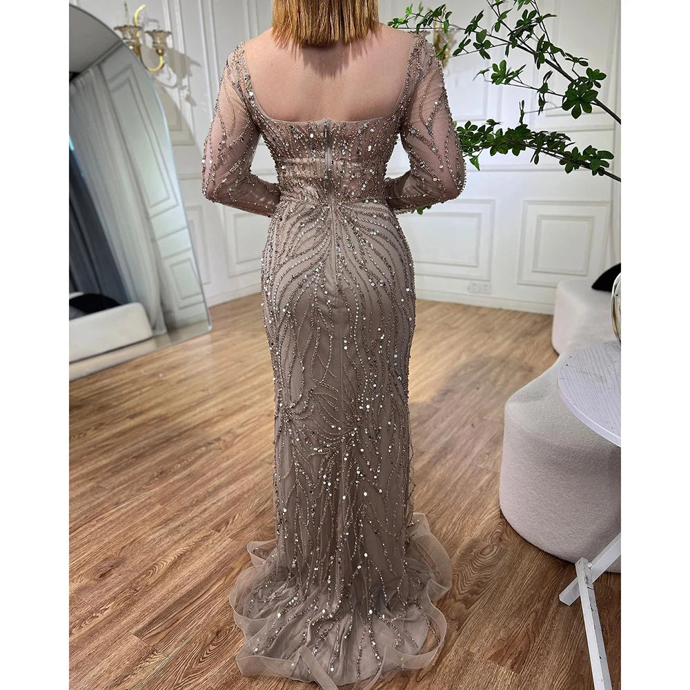 Serene Hill Arabic Turquoise Elegant Mermaid High Split Beaded Evening Dresses Gowns 2025 For Women Wedding Party LA72093 - SERENE HILL