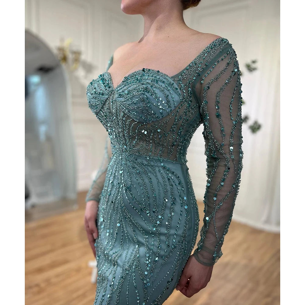 Serene Hill Arabic Turquoise Elegant Mermaid High Split Beaded Evening Dresses Gowns 2025 For Women Wedding Party LA72093 - SERENE HILL