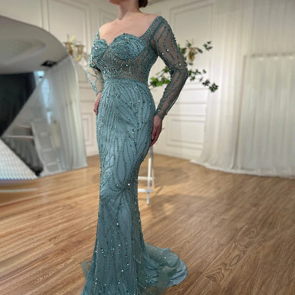 Serene Hill Arabic Turquoise Elegant Mermaid High Split Beaded Evening Dresses Gowns 2025 For Women Wedding Party LA72093 - SERENE HILL