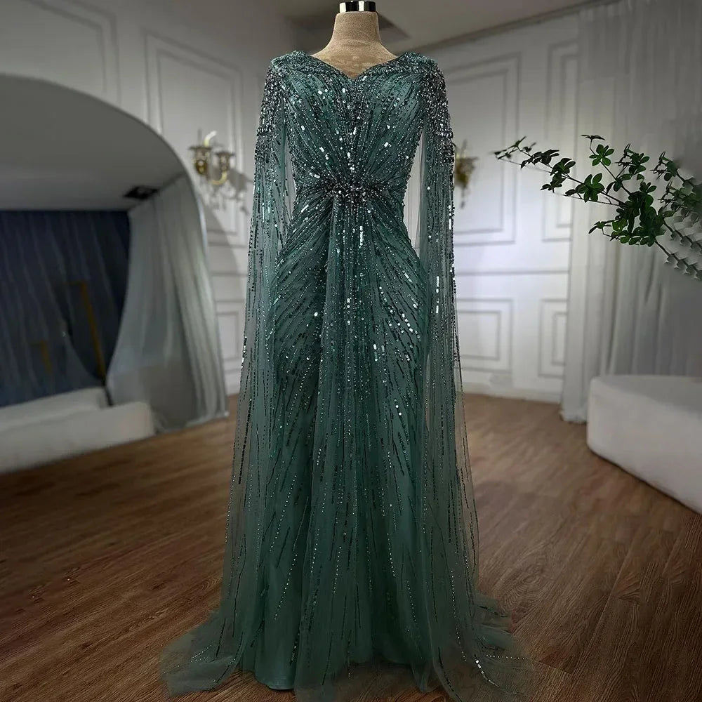 Serene Hill Arabic Turquoise Mermaid Beaded Cape Sleeves Elegant Evening Dresses Gowns 2025 For Women Wedding Party LA72168 - SERENE HILL
