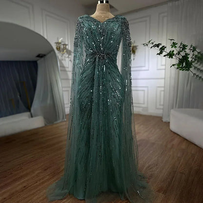 Serene Hill Arabic Turquoise Mermaid Beaded Cape Sleeves Elegant Evening Dresses Gowns 2025 For Women Wedding Party LA72168 - SERENE HILL