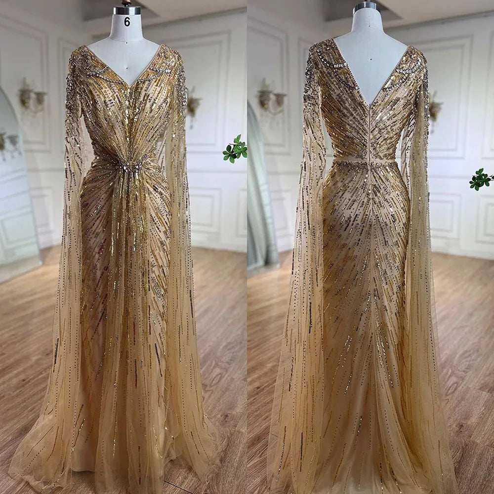 Serene Hill Arabic Turquoise Mermaid Beaded Cape Sleeves Elegant Evening Dresses Gowns 2025 For Women Wedding Party LA72168 - SERENE HILL