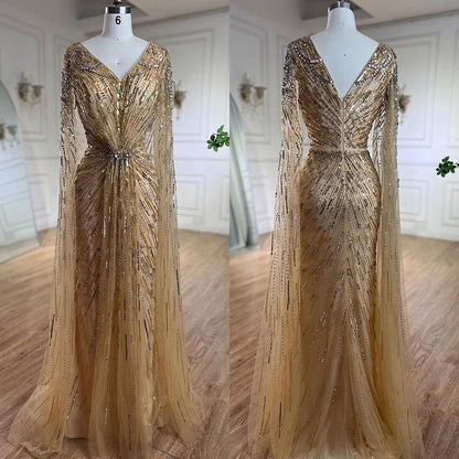 Serene Hill Arabic Turquoise Mermaid Beaded Cape Sleeves Elegant Evening Dresses Gowns 2025 For Women Wedding Party LA72168 - SERENE HILL