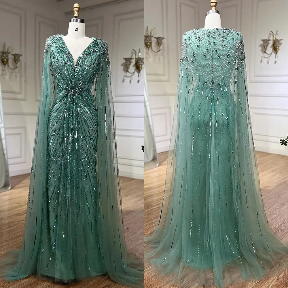 Serene Hill Arabic Turquoise Mermaid Beaded Cape Sleeves Elegant Evening Dresses Gowns 2025 For Women Wedding Party LA72168 - SERENE HILL