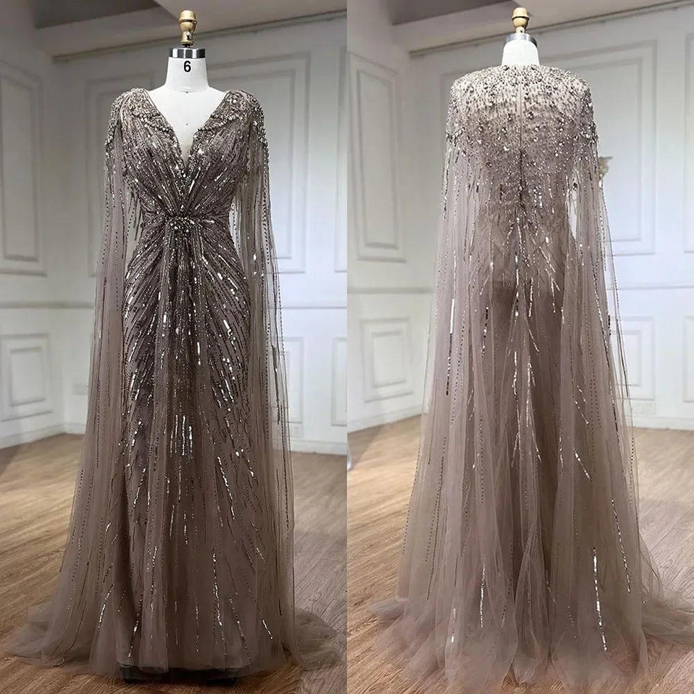 Serene Hill Arabic Turquoise Mermaid Beaded Cape Sleeves Elegant Evening Dresses Gowns 2025 For Women Wedding Party LA72168 - SERENE HILL