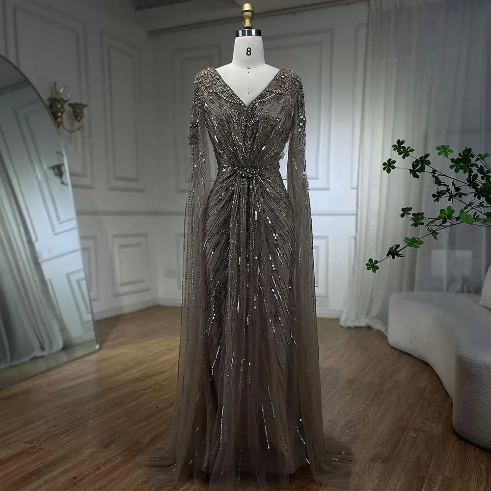 Serene Hill Arabic Turquoise Mermaid Beaded Cape Sleeves Elegant Evening Dresses Gowns 2025 For Women Wedding Party LA72168 - SERENE HILL