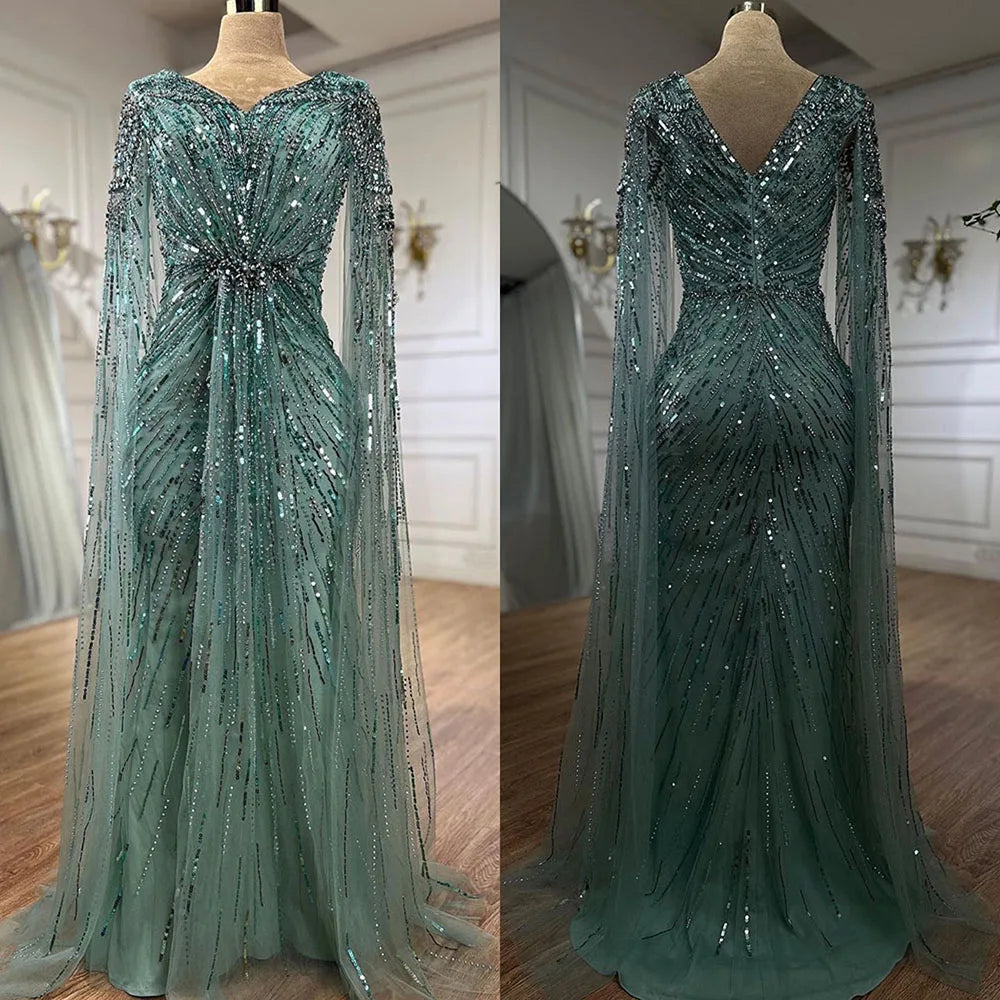Serene Hill Arabic Turquoise Mermaid Beaded Cape Sleeves Elegant Evening Dresses Gowns 2025 For Women Wedding Party LA72168 - SERENE HILL