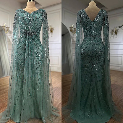 Serene Hill Arabic Turquoise Mermaid Beaded Cape Sleeves Elegant Evening Dresses Gowns 2025 For Women Wedding Party LA72168 - SERENE HILL