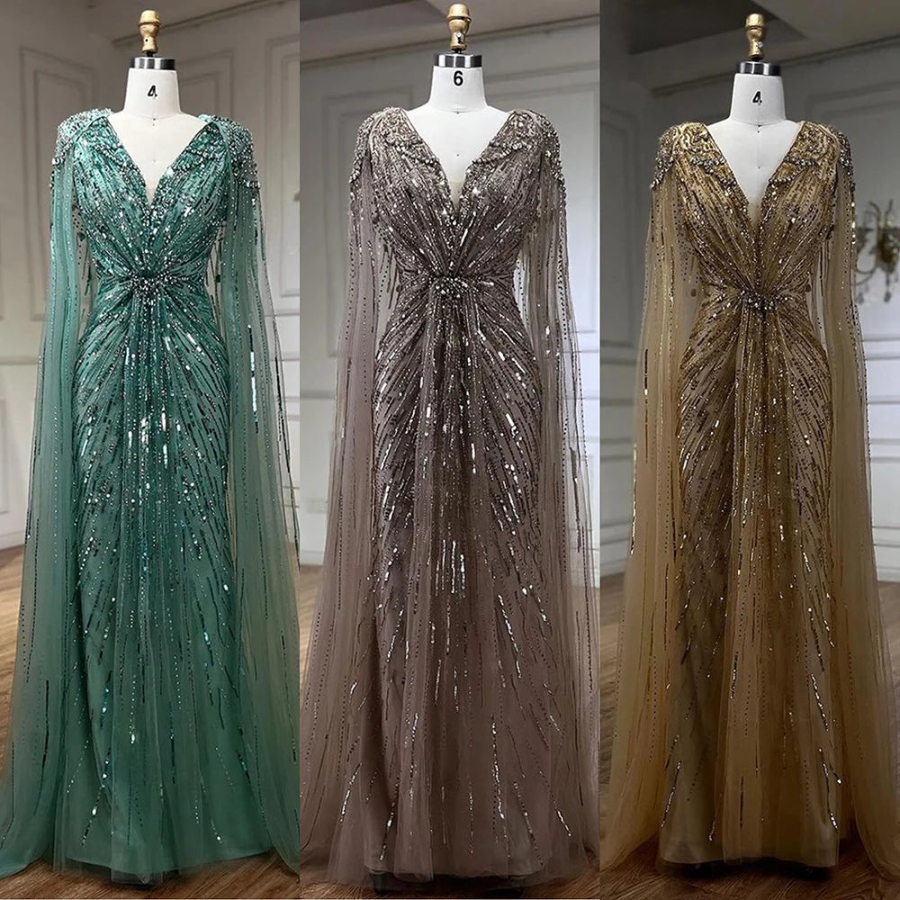 Serene Hill Arabic Turquoise Mermaid Beaded Cape Sleeves Elegant Evening Dresses Gowns 2025 For Women Wedding Party LA72168 - SERENE HILL
