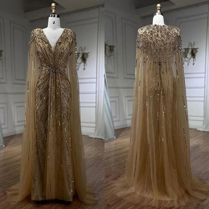 Serene Hill Arabic Turquoise Mermaid Beaded Cape Sleeves Elegant Evening Dresses Gowns 2025 For Women Wedding Party LA72168 - SERENE HILL