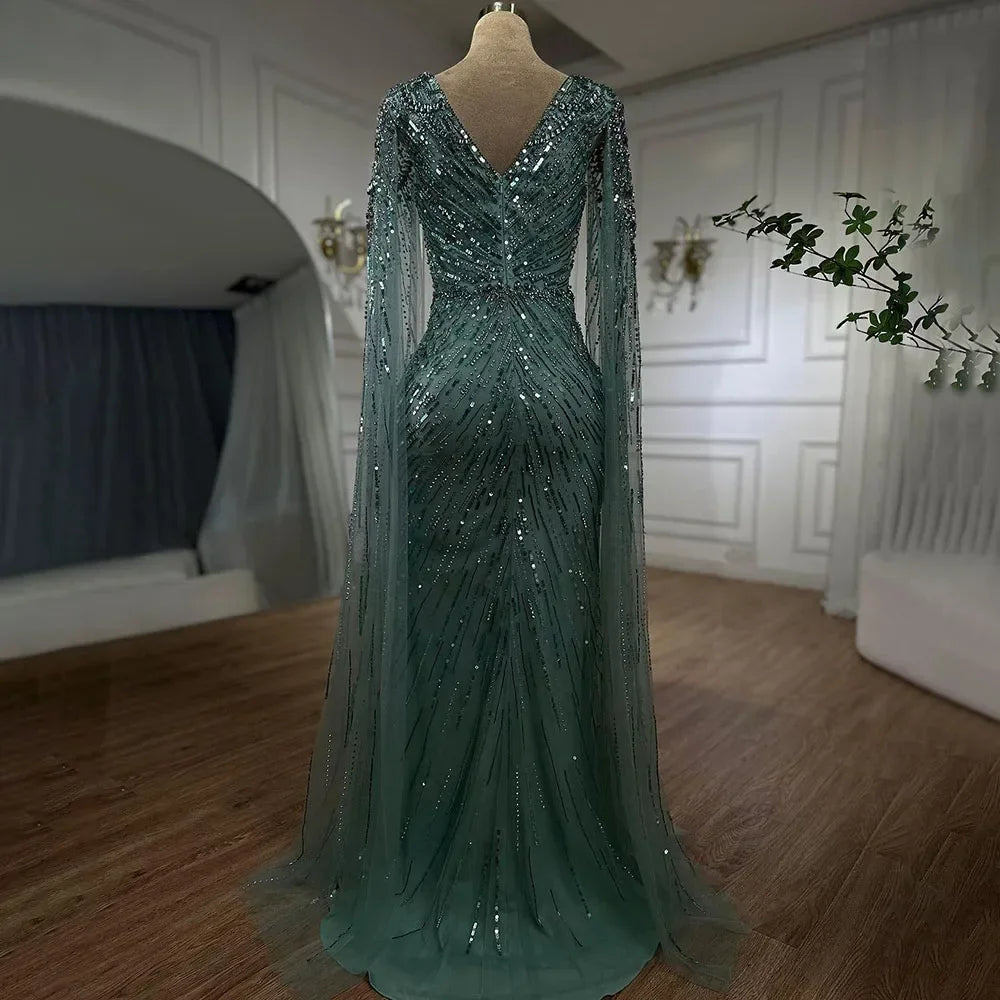 Serene Hill Arabic Turquoise Mermaid Beaded Cape Sleeves Elegant Evening Dresses Gowns 2025 For Women Wedding Party LA72168 - SERENE HILL