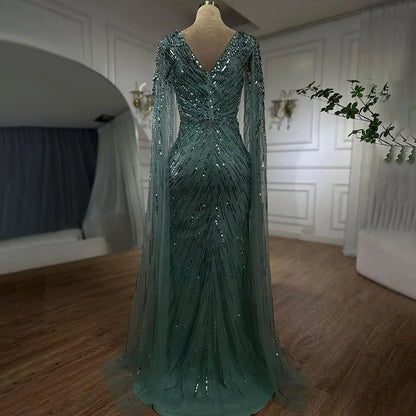 Serene Hill Arabic Turquoise Mermaid Beaded Cape Sleeves Elegant Evening Dresses Gowns 2025 For Women Wedding Party LA72168 - SERENE HILL