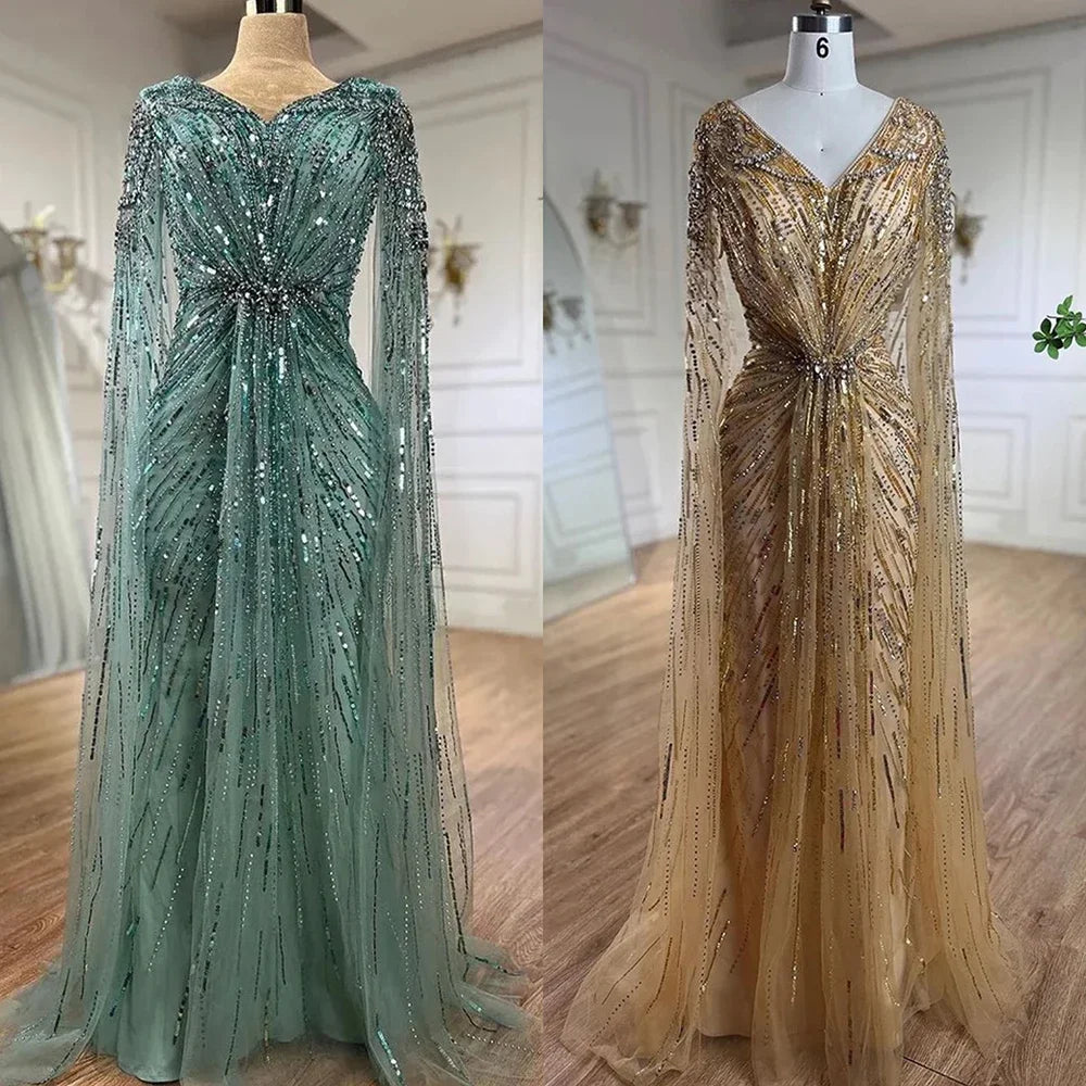Serene Hill Arabic Turquoise Mermaid Beaded Cape Sleeves Elegant Evening Dresses Gowns 2025 For Women Wedding Party LA72168 - SERENE HILL