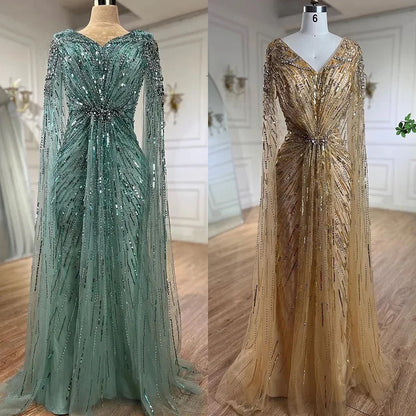 Serene Hill Arabic Turquoise Mermaid Beaded Cape Sleeves Elegant Evening Dresses Gowns 2025 For Women Wedding Party LA72168 - SERENE HILL