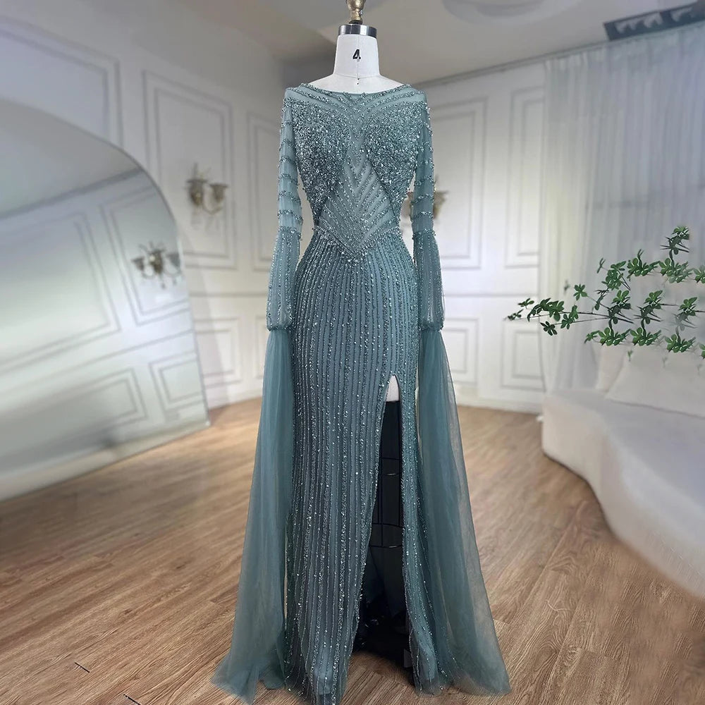 Luxury Dubai Mermaid Turquoise Evening Dress with Cape Sleeves LA72246 - SERENE HILL