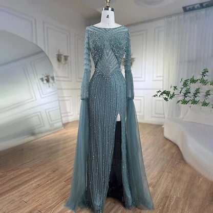 Luxury Dubai Mermaid Turquoise Evening Dress with Cape Sleeves LA72246 - SERENE HILL