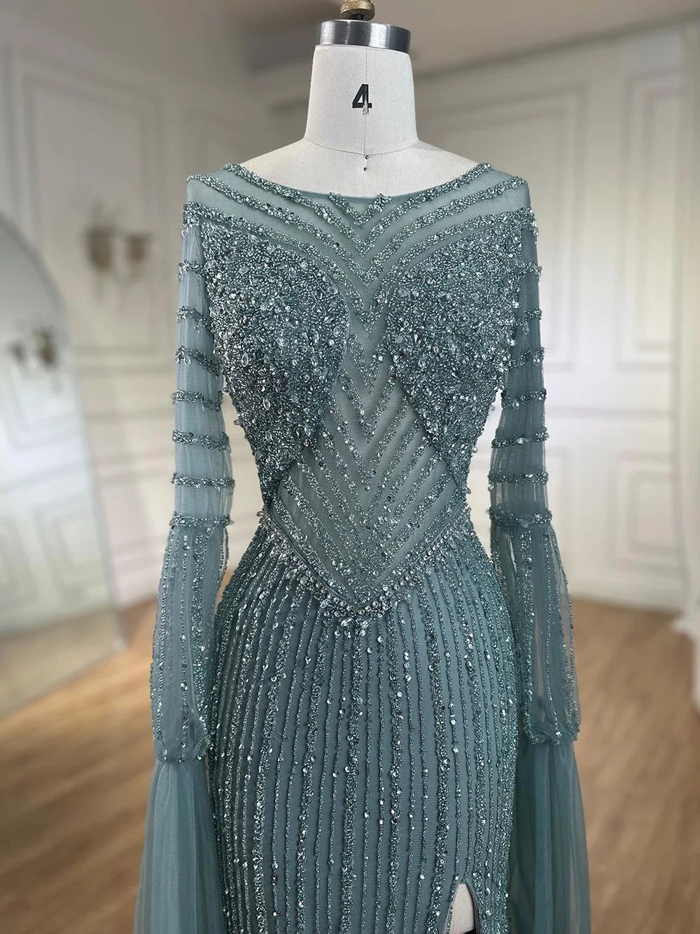 Luxury Dubai Mermaid Turquoise Evening Dress with Cape Sleeves LA72246 - SERENE HILL