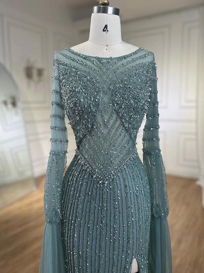 Luxury Dubai Mermaid Turquoise Evening Dress with Cape Sleeves LA72246 - SERENE HILL