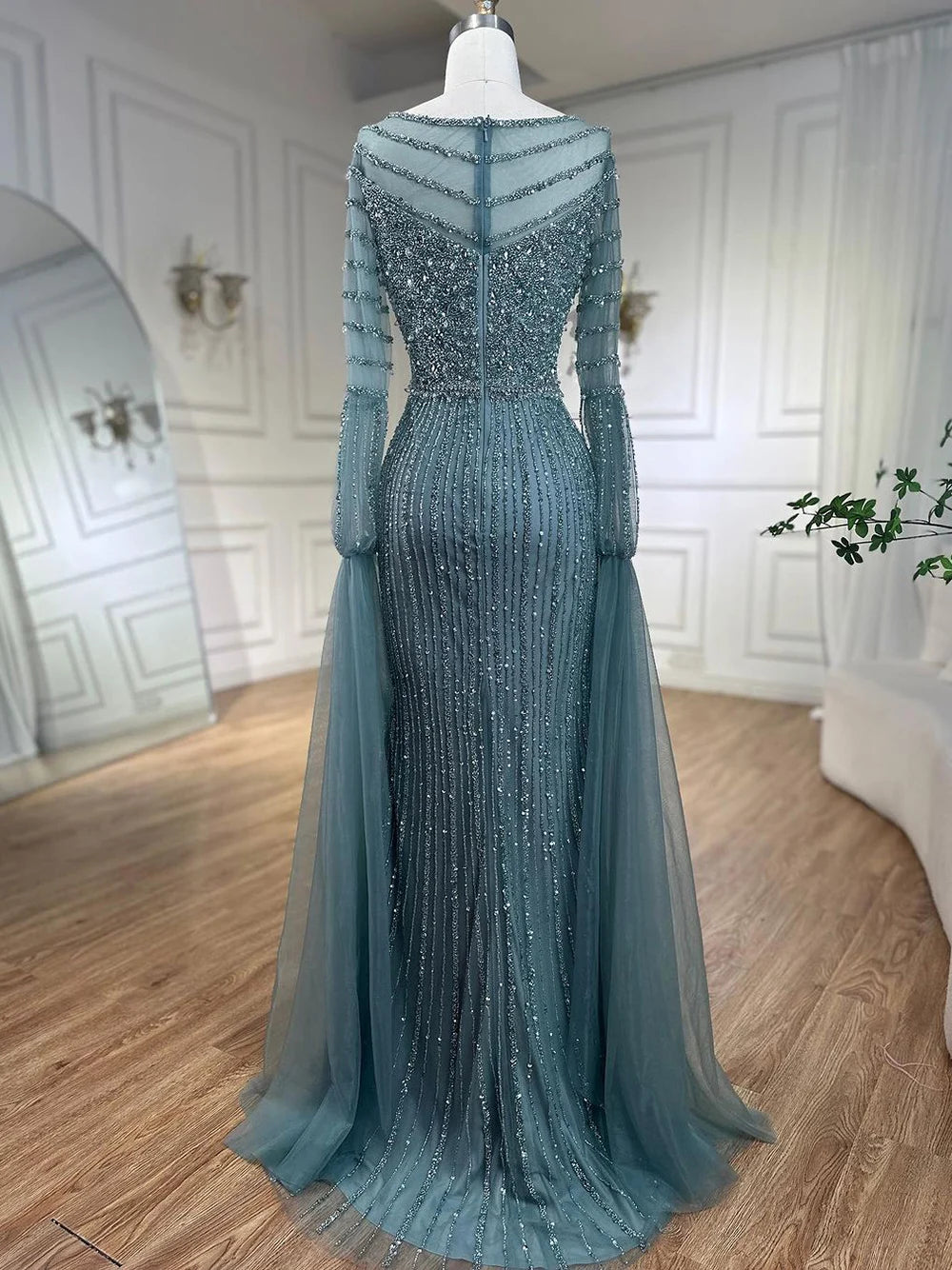 Luxury Dubai Mermaid Turquoise Evening Dress with Cape Sleeves LA72246 - SERENE HILL