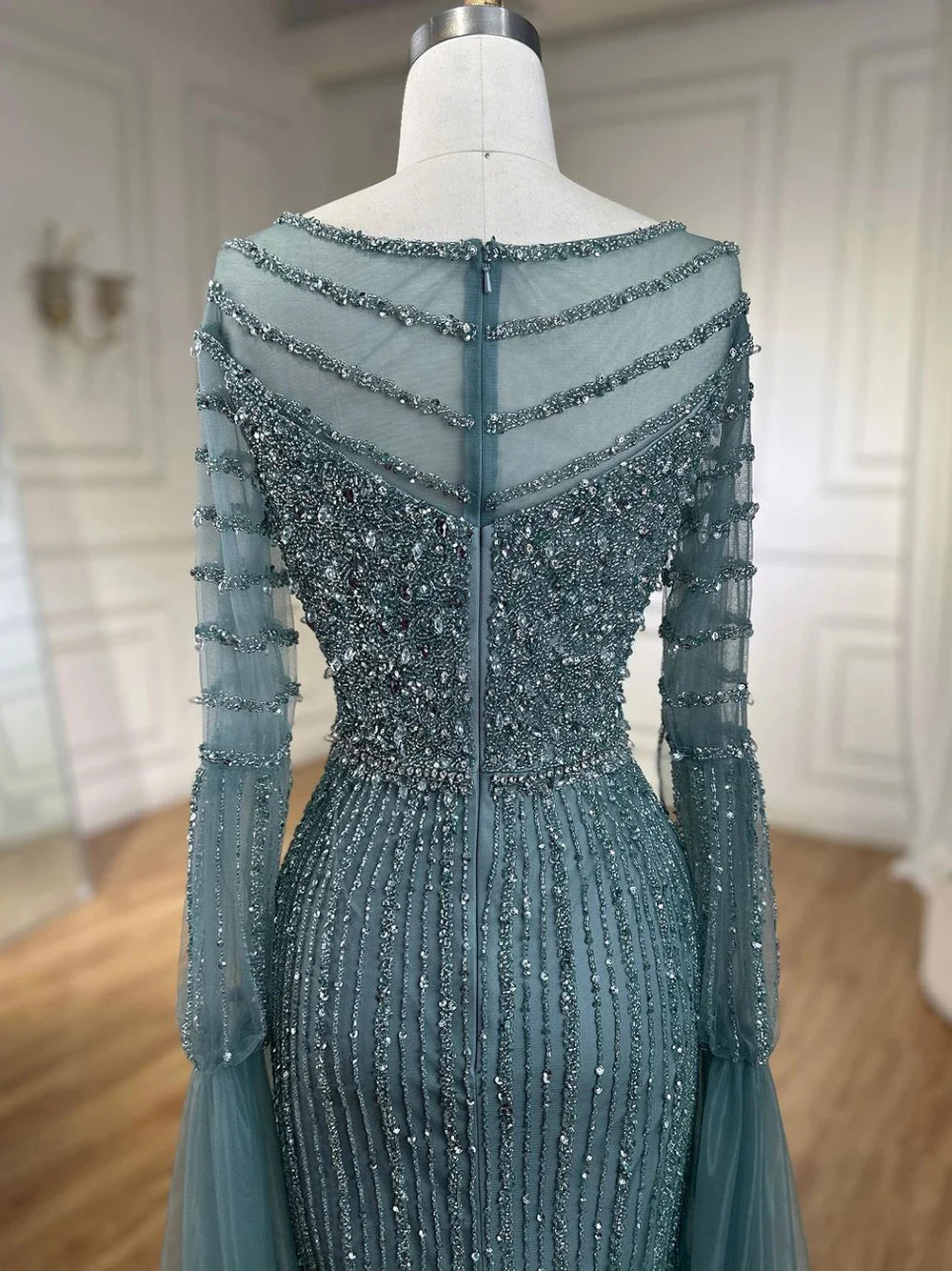 Luxury Dubai Mermaid Turquoise Evening Dress with Cape Sleeves LA72246 - SERENE HILL