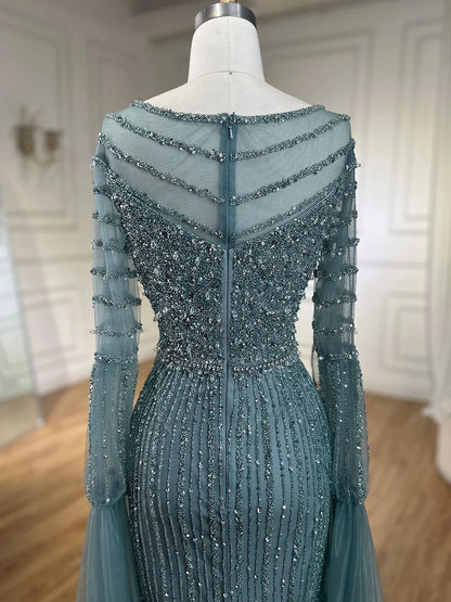 Luxury Dubai Mermaid Turquoise Evening Dress with Cape Sleeves LA72246 - SERENE HILL