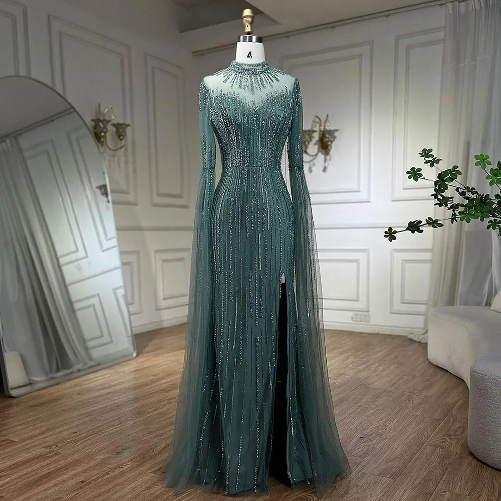 Serene Hill Arabic Turquoise Mermaid Cape Sleeves Split Beaded Evening Dresses Gowns For Woman Wedding Party 2025 LA72381 - SERENE HILL