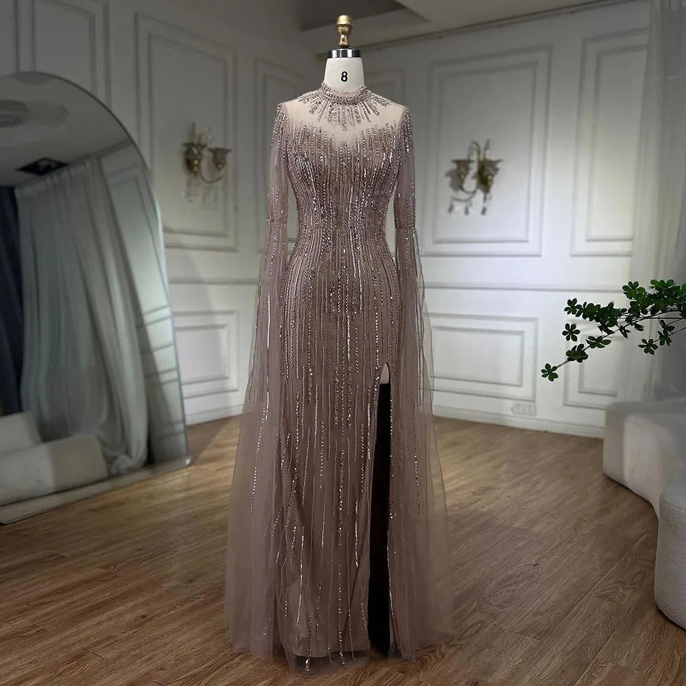 Serene Hill Arabic Turquoise Mermaid Cape Sleeves Split Beaded Evening Dresses Gowns For Woman Wedding Party 2025 LA72381 - SERENE HILL