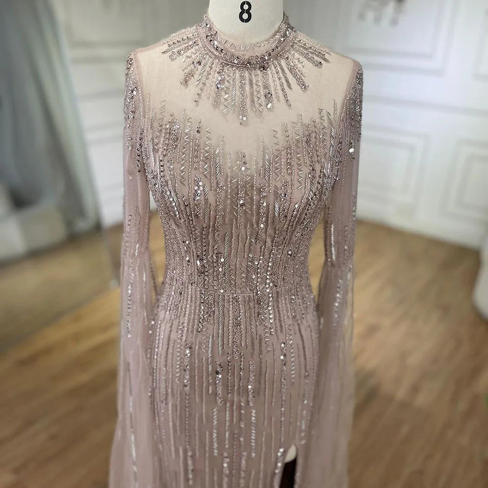 Serene Hill Arabic Turquoise Mermaid Cape Sleeves Split Beaded Evening Dresses Gowns For Woman Wedding Party 2025 LA72381 - SERENE HILL