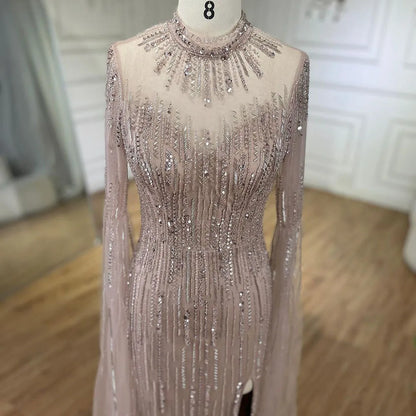 Serene Hill Arabic Turquoise Mermaid Cape Sleeves Split Beaded Evening Dresses Gowns For Woman Wedding Party 2025 LA72381 - SERENE HILL