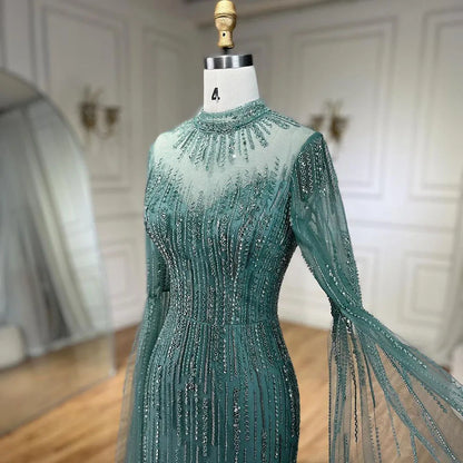 Serene Hill Arabic Turquoise Mermaid Cape Sleeves Split Beaded Evening Dresses Gowns For Woman Wedding Party 2025 LA72381 - SERENE HILL