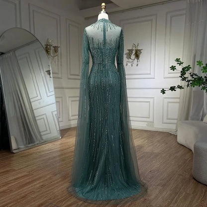 Serene Hill Arabic Turquoise Mermaid Cape Sleeves Split Beaded Evening Dresses Gowns For Woman Wedding Party 2025 LA72381 - SERENE HILL