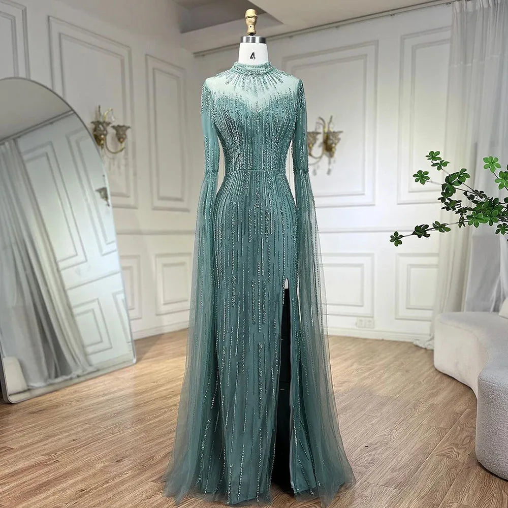Serene Hill Arabic Turquoise Mermaid Cape Sleeves Split Beaded Evening Dresses Gowns For Woman Wedding Party 2025 LA72381 - SERENE HILL
