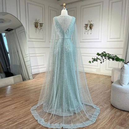Serene Hill Arabic Turquoise Mermaid Dubai Evening Dress with Elegant Luxury Beaded Cape Sleeves for Women&