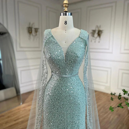 Serene Hill Arabic Turquoise Mermaid Dubai Evening Dress with Elegant Luxury Beaded Cape Sleeves for Women&