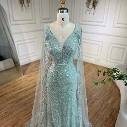 Serene Hill Arabic Turquoise Mermaid Dubai Evening Dress with Elegant Luxury Beaded Cape Sleeves for Women&