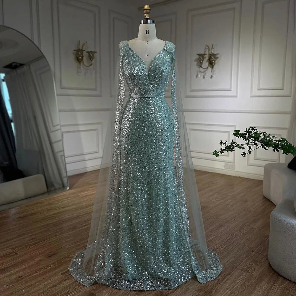Serene Hill Arabic Turquoise Mermaid Dubai Evening Dress with Elegant Luxury Beaded Cape Sleeves for Women&