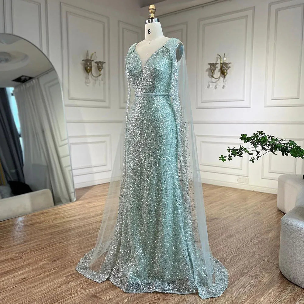 Serene Hill Arabic Turquoise Mermaid Dubai Evening Dress with Elegant Luxury Beaded Cape Sleeves for Women&